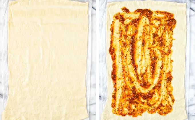 Prepared pizza dough is spread out on a baking dish, then the tomato sauce is spread over it.