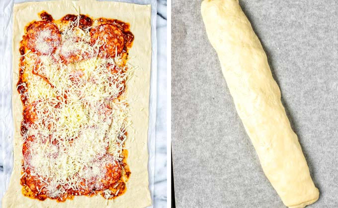 After adding another layer of vegan cheese, the dough is rolled up.