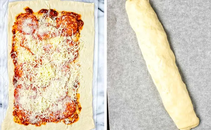 After adding another layer of vegan cheese, the dough is rolled up.