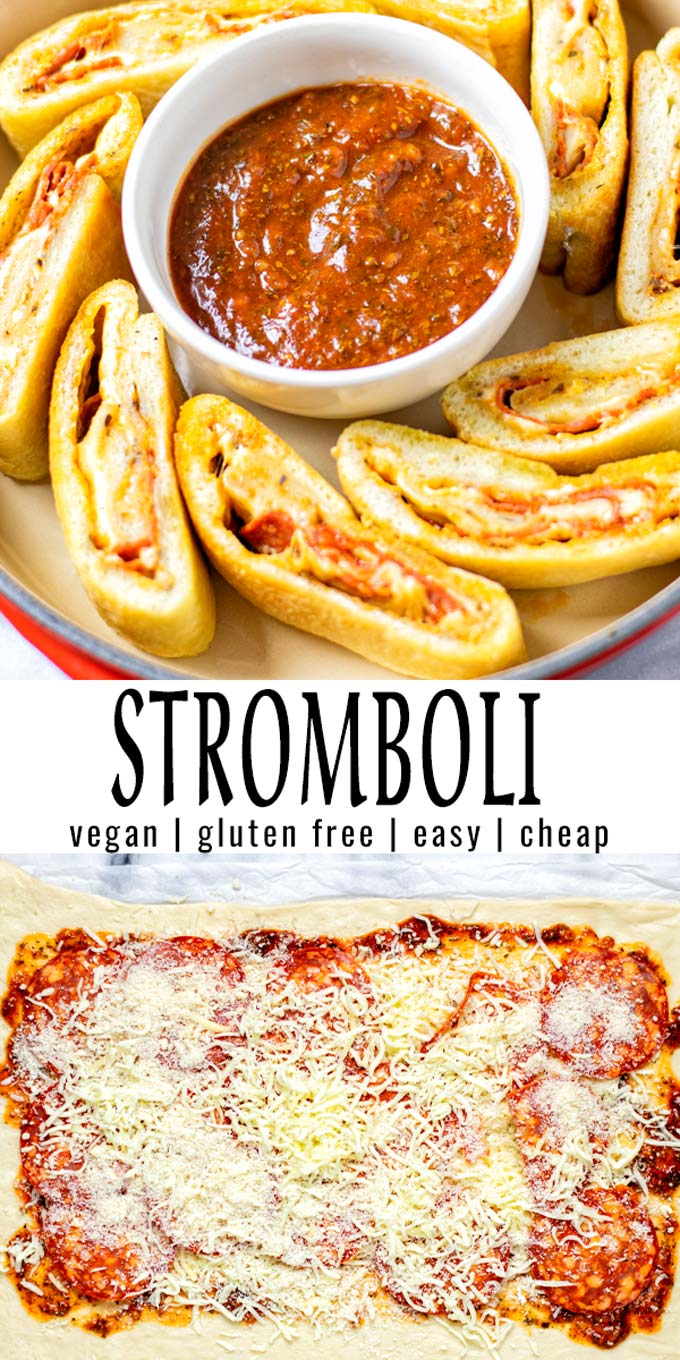 Collage of two pictures of the Stromboli with recipe title text.