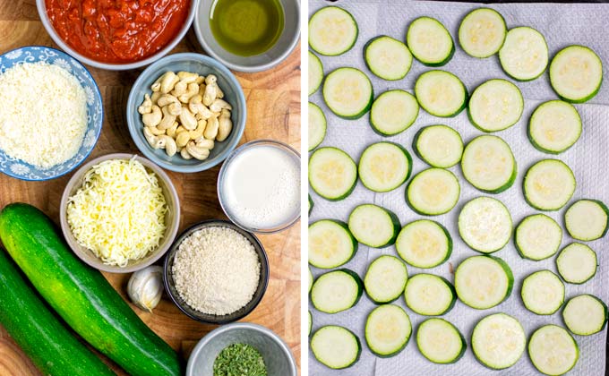 Ingredients for this Zucchini Parmesan collected on a wooden board.