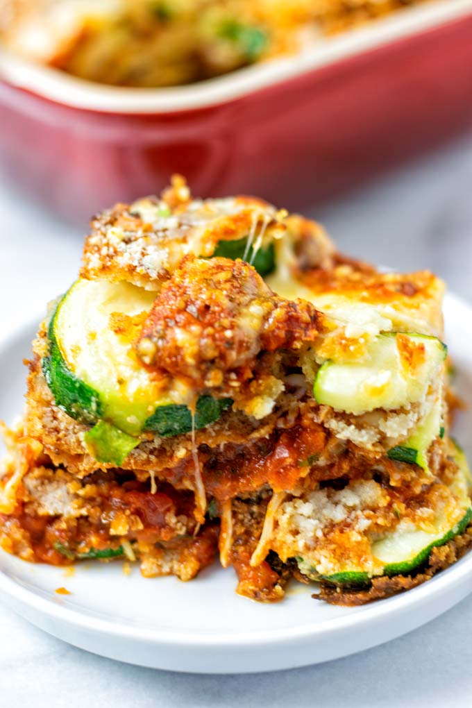 Closeup on a portion of the Zucchini Parmesan. 