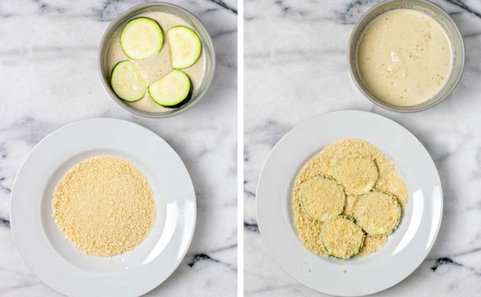 Zucchini slices are covered in breadcrumbs. 