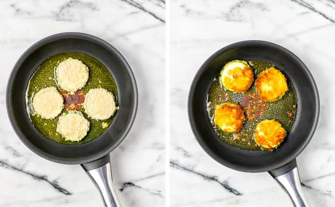 Breadcrumb covered zucchini slices are fried until golden brown in a small frying pan. 