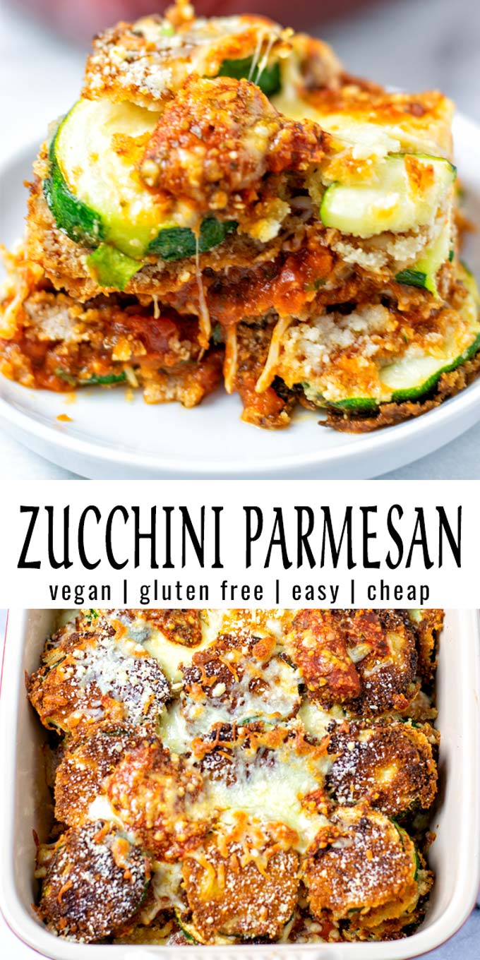 Collage of two pictures of the Zucchini Parmesan with recipe title text.