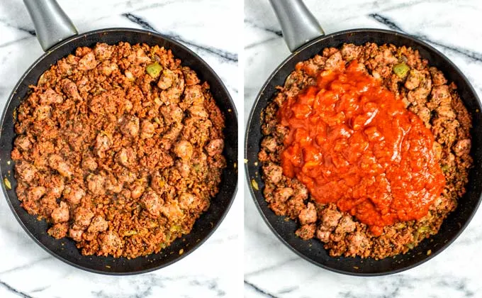 Showing the fried vegan meat and onion mix in the frying pan and the addition of crushed tomatoes.