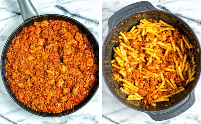 Showing the completely prepared tomato-vegan meat sauce in a frying pan and after mixing with cooked pasta in a large bowl.