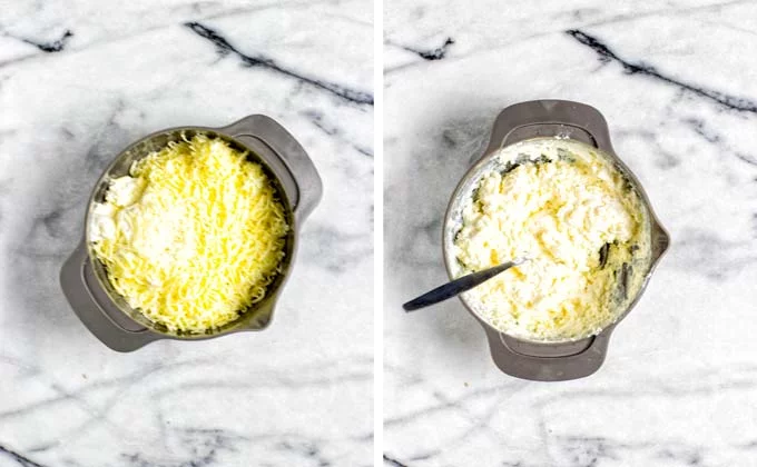 Shows the making of the vegan ricotta cheese mix: all ingredients given to a small mixing bowl before and after mixing. 