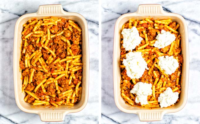 The mix of pasta and sauce has been transferred to a casserole dish and is covered with big spoonfuls of the ricotta mix.