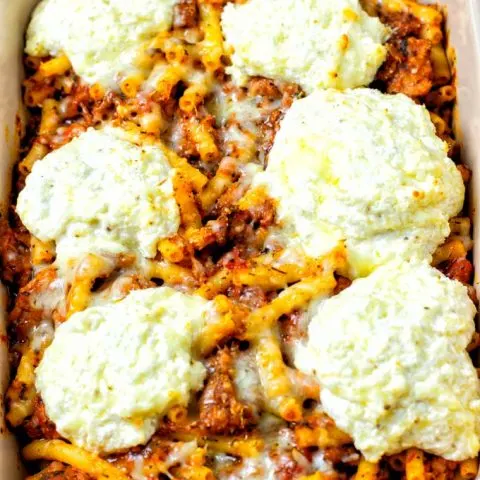 View of the vegan Baked Ziti in the casserole dish after baking.