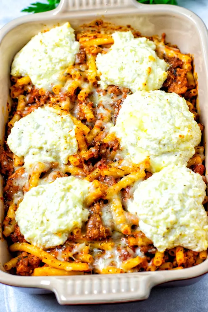 View of the vegan Baked Ziti in the casserole dish after baking. 