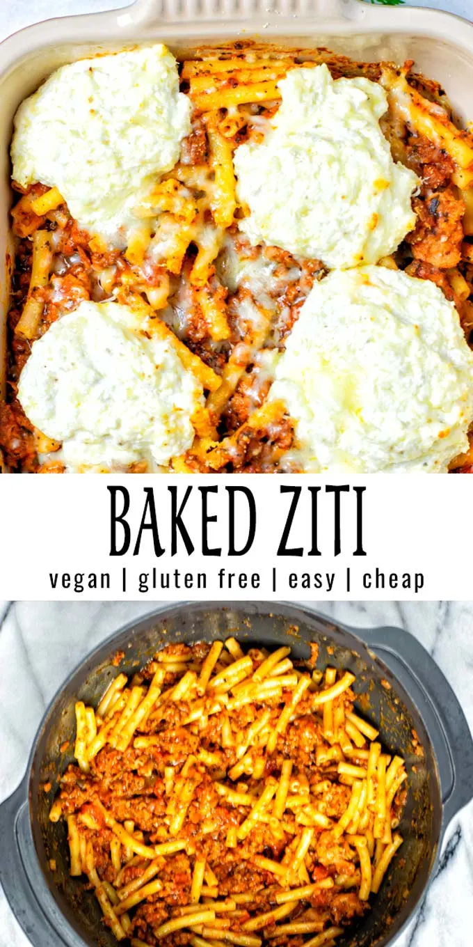 Collage of two pictures of the Baked Ziti with recipe title text.