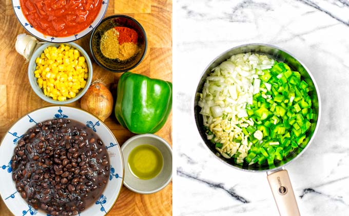 Ingredients needed for this Black Bean Chili collected in small bowls on a wooden board.