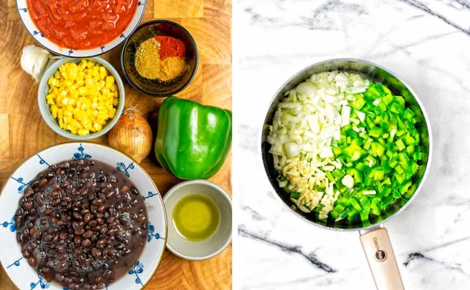 Ingredients needed for this Black Bean Chili collected in small bowls on a wooden board.