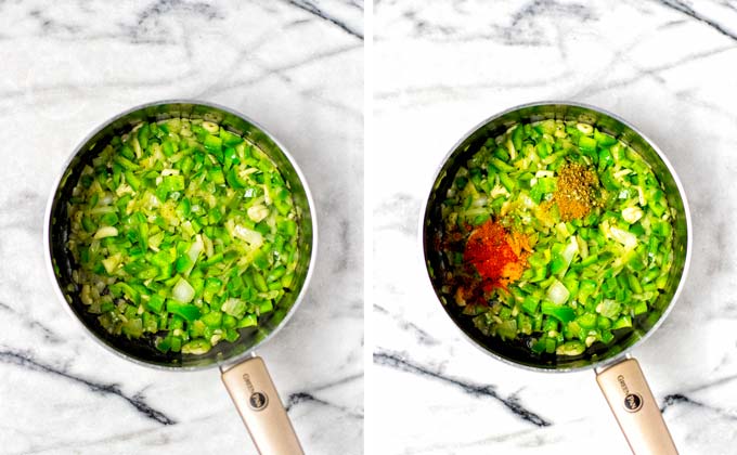 Showing how green bell pepper and onions are sauteed in a small saucepan, then spices are added.