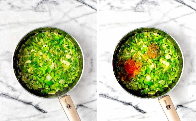 Showing how green bell pepper and onions are sauteed in a small saucepan, then spices are added.