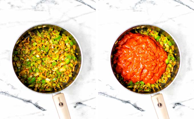 Side by side view of the sauteed pepper and onion mixed with spices and after adding the tomato sauce. 