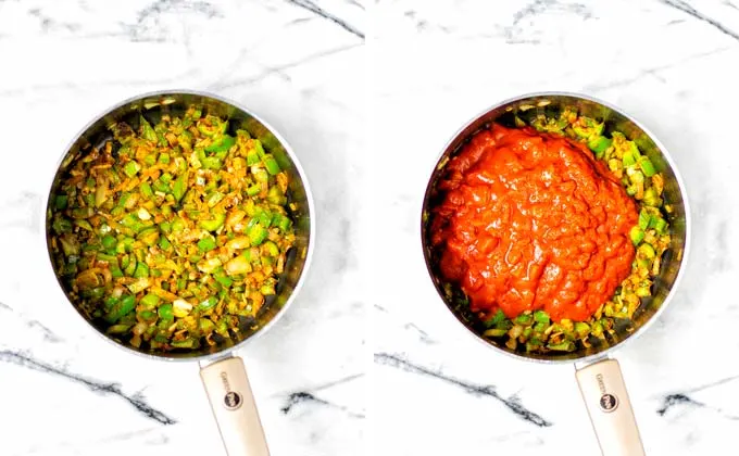 Side by side view of the sauteed pepper and onion mixed with spices and after adding the tomato sauce. 