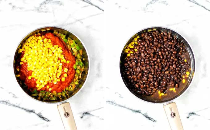 Side by side view of adding the corn and black beans to the large saucepan to make the Black Bean Chili.