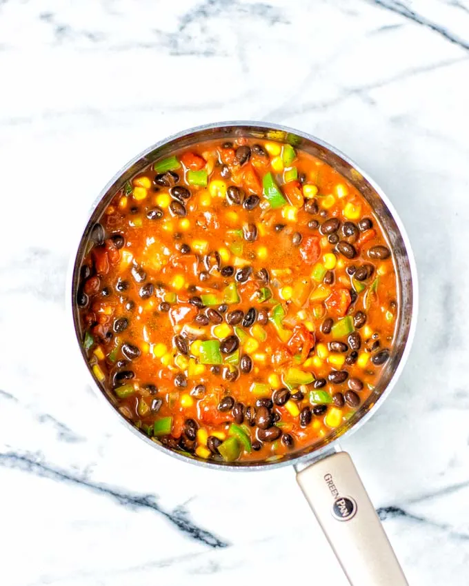 Top view of the Black Bean Chili in the large saucepan.