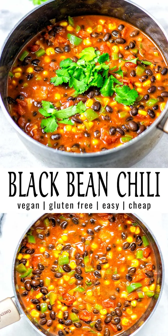 Collage of two pictures of the Black Bean Chili with recipe title text.