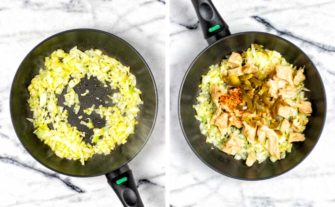 Showing how vegan chicken is added to the fried onions in the pan, together with jalapenos and a spice mixture.