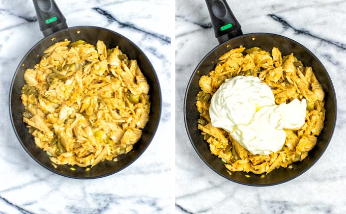 Showing the fired vegan chicken mix and how sour cream and cream cheese are mixed in.