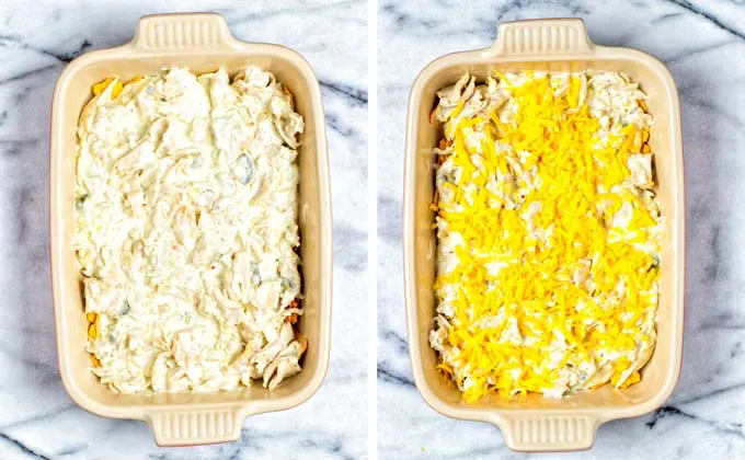 Showing the layering of the vegan chicken mixture and some vegan cheese.