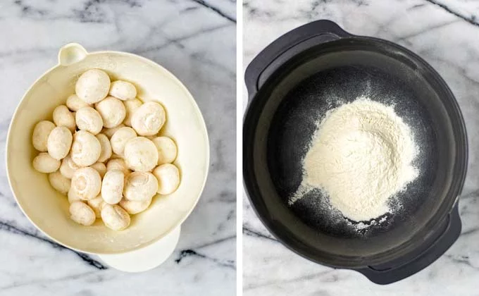 Showing a large white bowl with mushrooms coated in flour. Second large dark bowl contains flour as base for the coating.