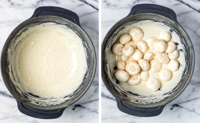 Showing the mixed soft coating dough and how the mushrooms are added to it.