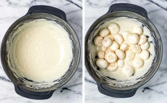 Showing the mixed soft coating dough and how the mushrooms are added to it.