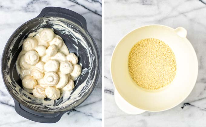 Mushrooms in the large dark bowl are coated with the dough. A second bowl is prepared with (gf) breadcrumbs.