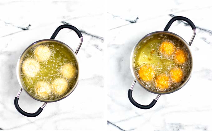 A small pot with hot oil is shown with the mushroom at the start and ant the end of the frying time. 