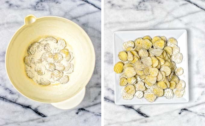 Showing how drained and dried pickle slices are first covered in flour and then set aside on a white plate.