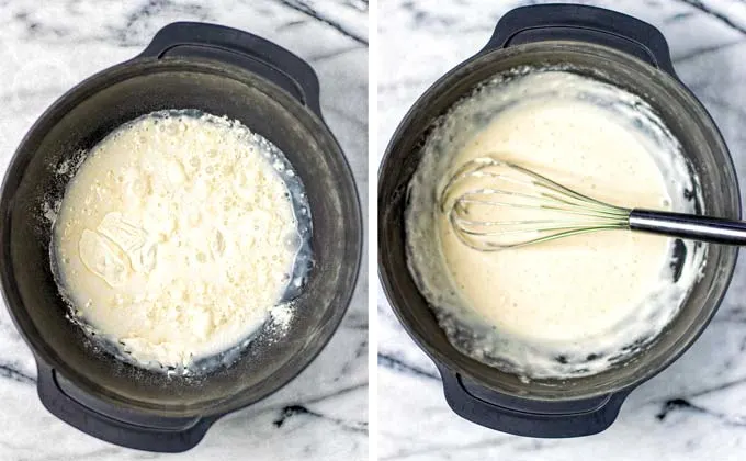 The batter is prepared in a large mixing bowl by combining flour, spices, and coconut milk. Showing before and after mixing.