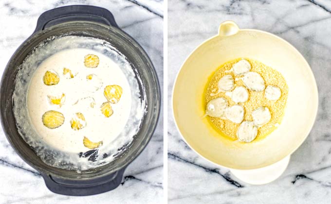 Side by side view of the pickle slices first covered in batter, than given into another large bowl with bread crumbs. 