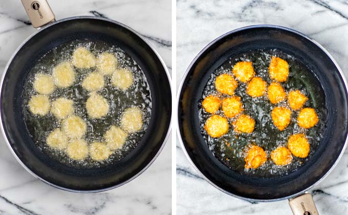 Side by side view showing how the pickles are fried in a pan right after giving them into the oil and when they are ready.