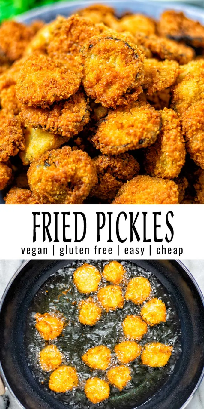 Collage of two pictures of the Fried Pickles with recipe title text. 