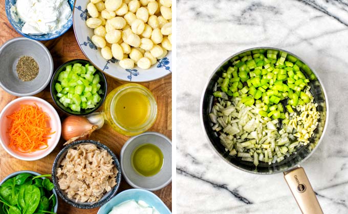 Ingredients needed for this Gnocchi Soup are collected in small bowls on a wooden board.