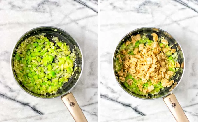 Side by side view of frying diced onions and celery and later vegan chicken in a saucepan.