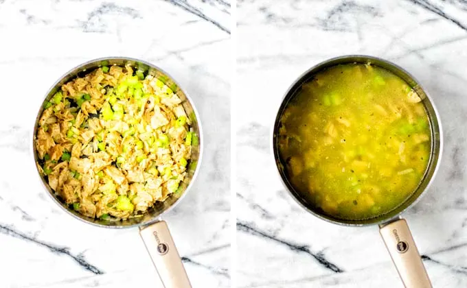 Showing the vegan chicken and vegetable mix before and after adding vegetable broth to the saucepan.