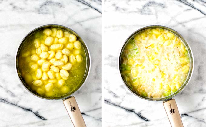 Shows two further steps in making Gnocchi Soup: adding gnocchi to the broth and then continue with creamy ingredients.