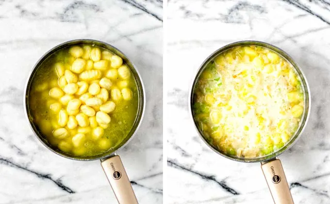 Shows two further steps in making Gnocchi Soup: adding gnocchi to the broth and then continue with creamy ingredients.