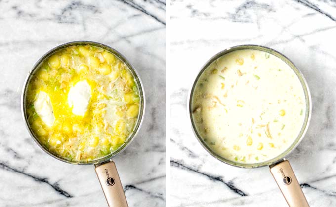 Gnocchi Soup in a saucepan after mixing in all the creamy ingredients and briefly having brought to a simmer.