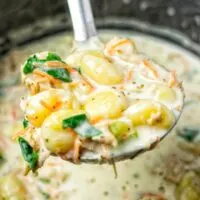 Closeup of a portion of the Gnocchi Soup liften from the pot.