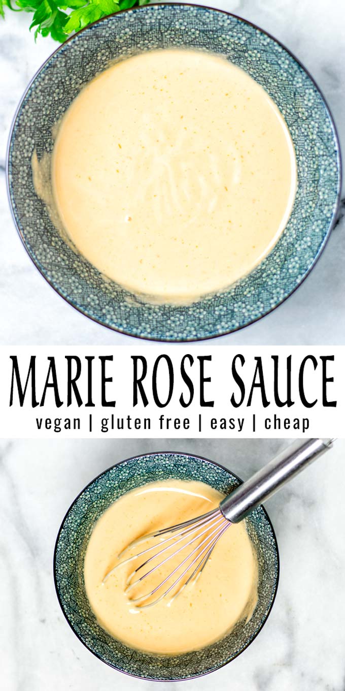 Collage of two pictures of the Marie Rose Sauce with recipe title text.
