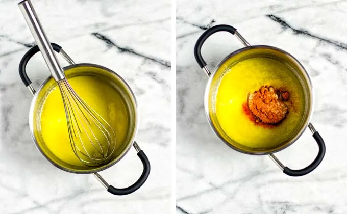 Showing side-by-side how first vegan butter is melted in a small metallic saucepan before spice mixture is added.
