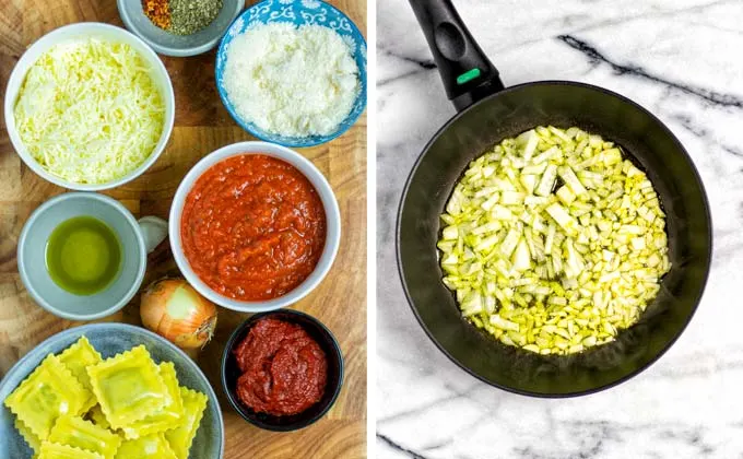 Ingredients needed to make this Ravioli Bake are collected in small bowls on a wooden board.