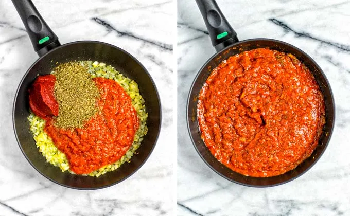 Showing steps in making the tomato sauce: frying finely diced onion, mixed with tomato paste and Italian herbs.