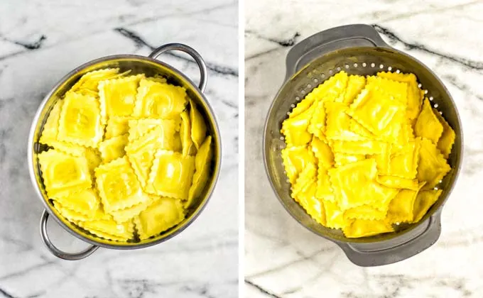 Showing Ravioli being cooked in a large pot and after cooking in a colander.